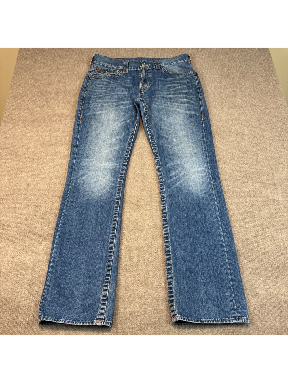 True Religion Jeans Mens 32x32 Blue Straight Flap Pocket Whiskered Faded Y2K